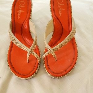 Cole Hann size 8.5 leather snake skin and orange wedge.